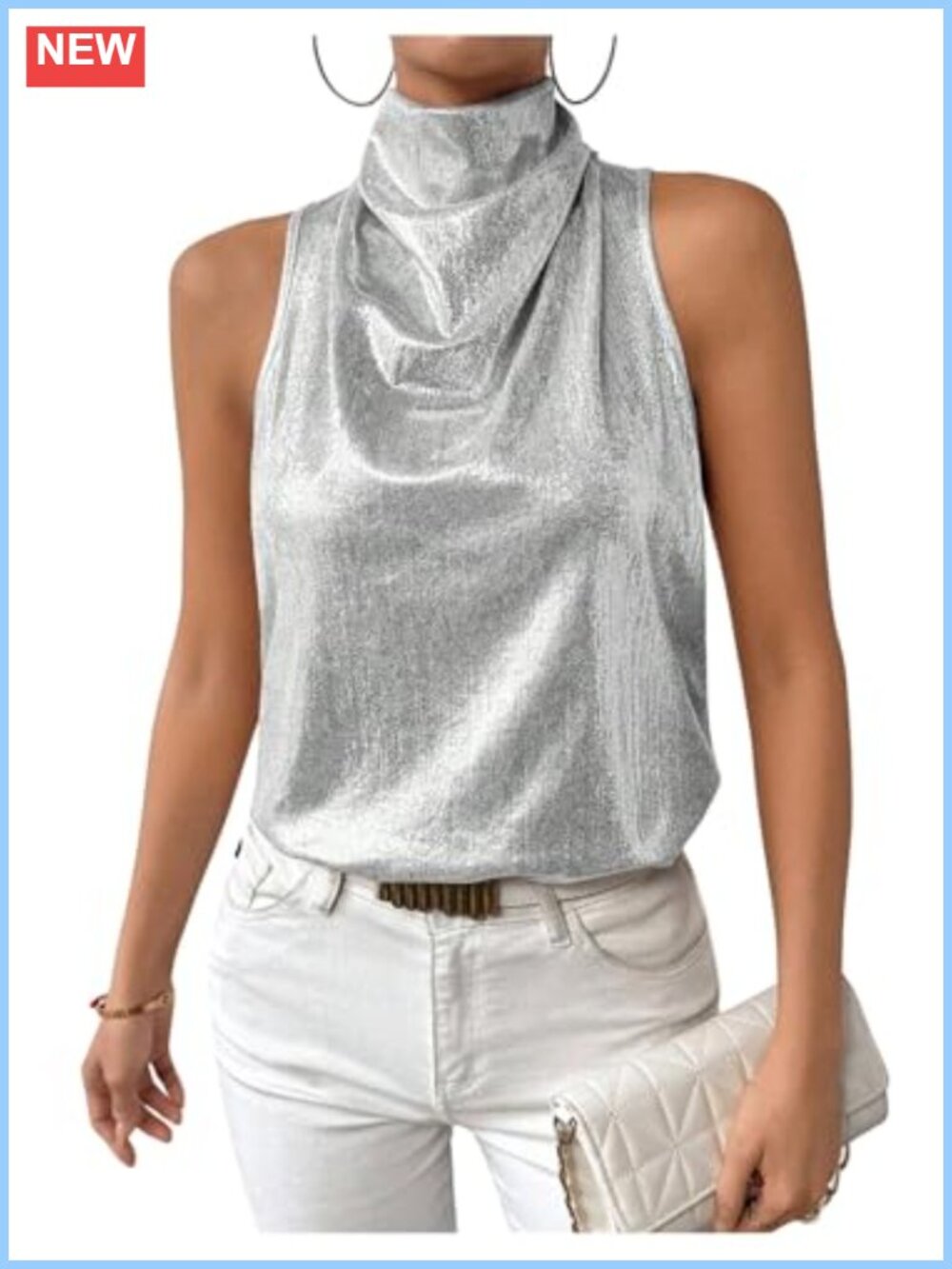 Women's Sequin Metallic Halter Tank Top Sleeveless Disco Party Outfit Silver